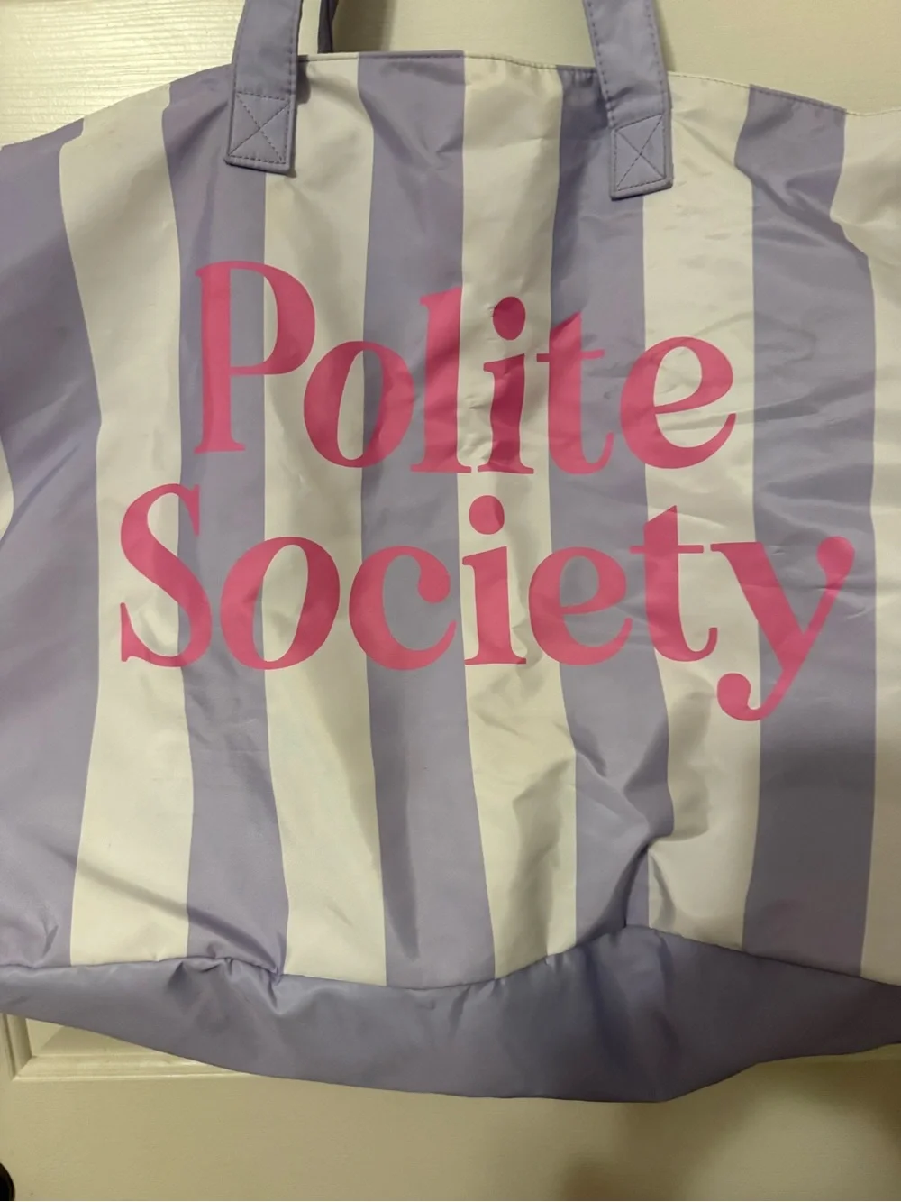 Polite Society Lavender & White Striped Cabana Tote Bag with Pink Logo